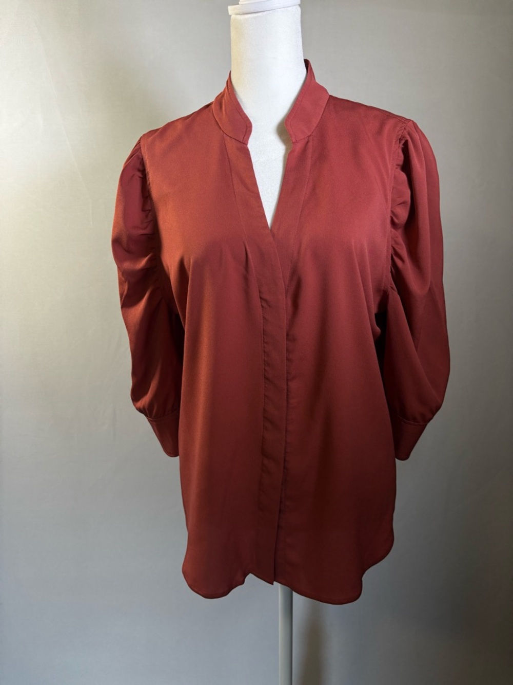 White House Black Market Rust Red V-Neck Puff Sleeve Blouse
